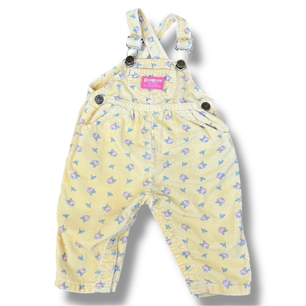 Vintage OshKosh B’gosh Overalls 6-9M Yellow Floral Corduroy Made in USA Baby